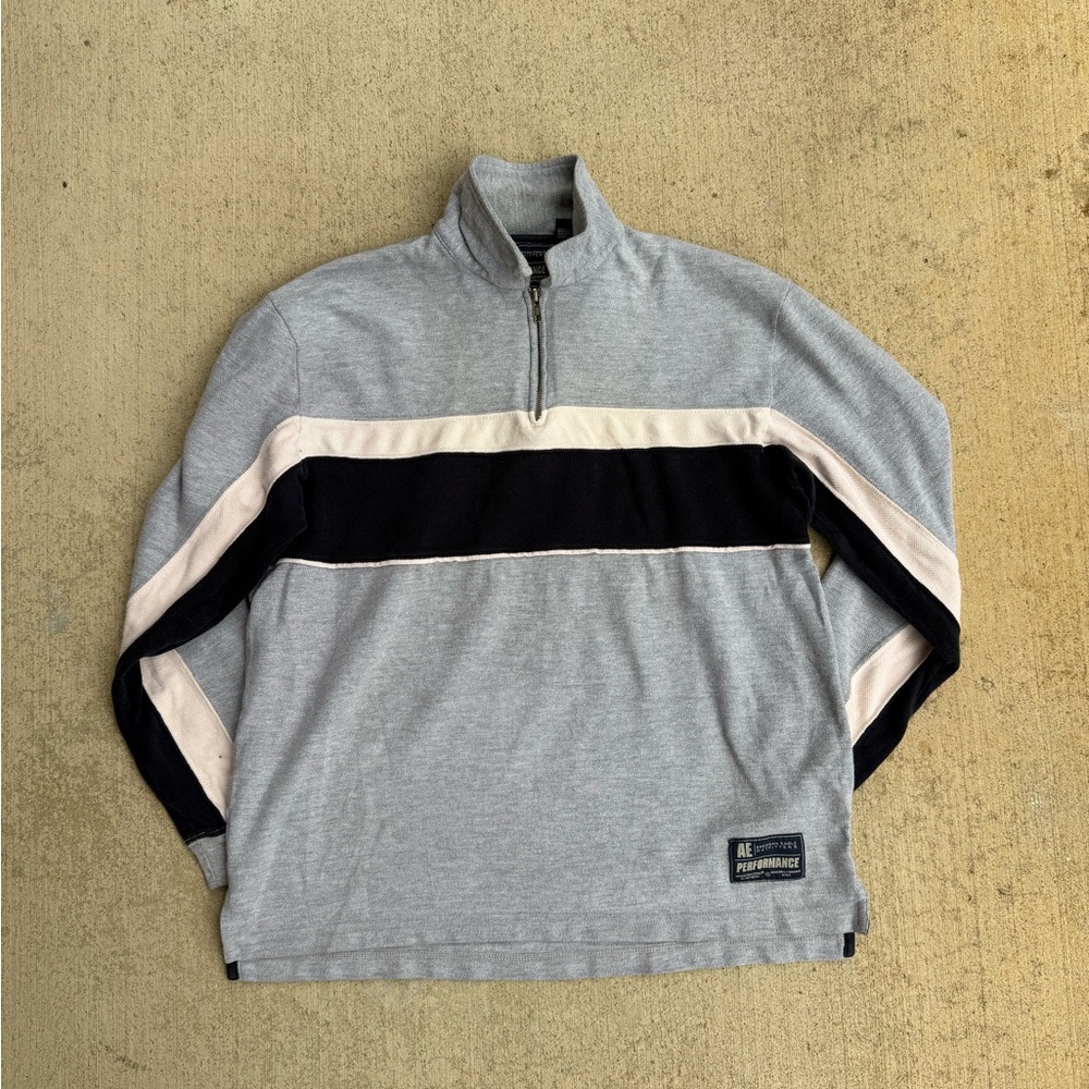 Vintage American Eagle Outfitters 1977 Gray and Black Quarter Zip-Up Sweater